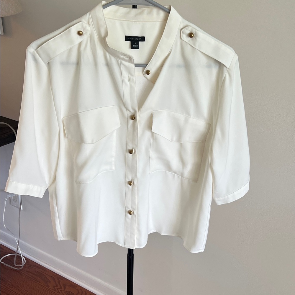 Ann Taylor Cream Button-Down Shirt with Gold Buttons